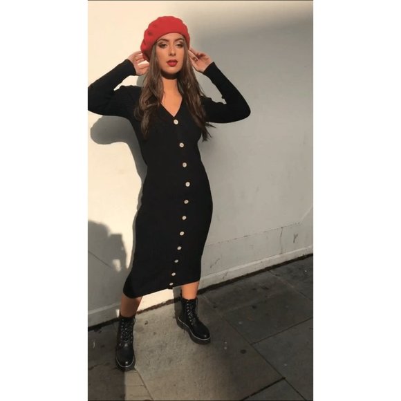 Sophia Knitted Long Sleeve Midi Dress with Buttons - Picture 3 of 7